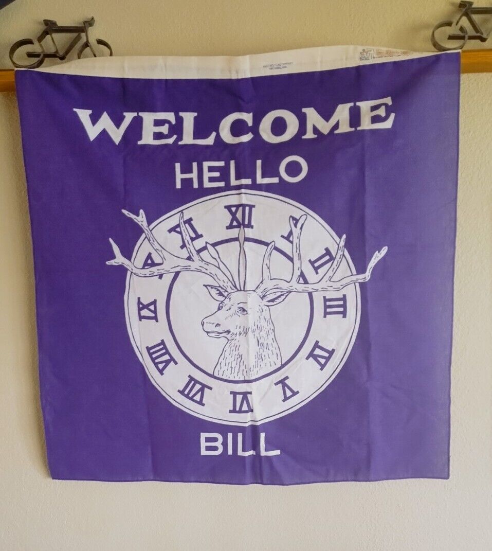 Vtg Welcome Hello Bill Elks Club Purple Shed Flag 3x3 Banner NOS Detco USA 