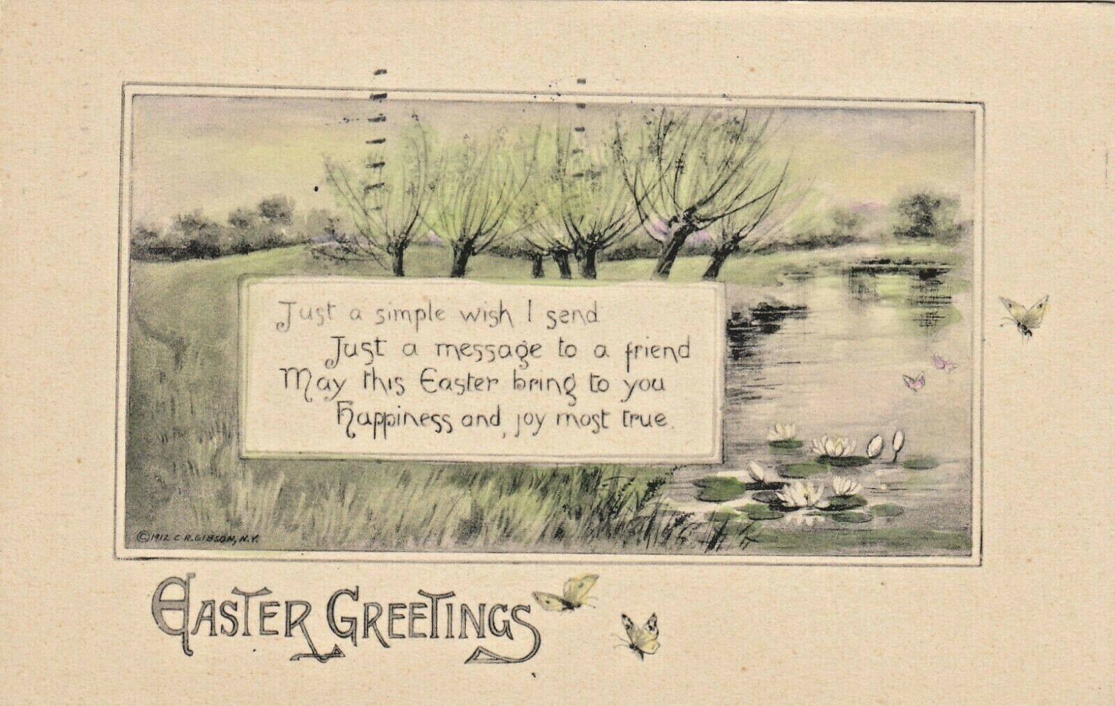 Vintage Easter Postcard   WATER SCENE WITH MESSAGE   POSTED 1914