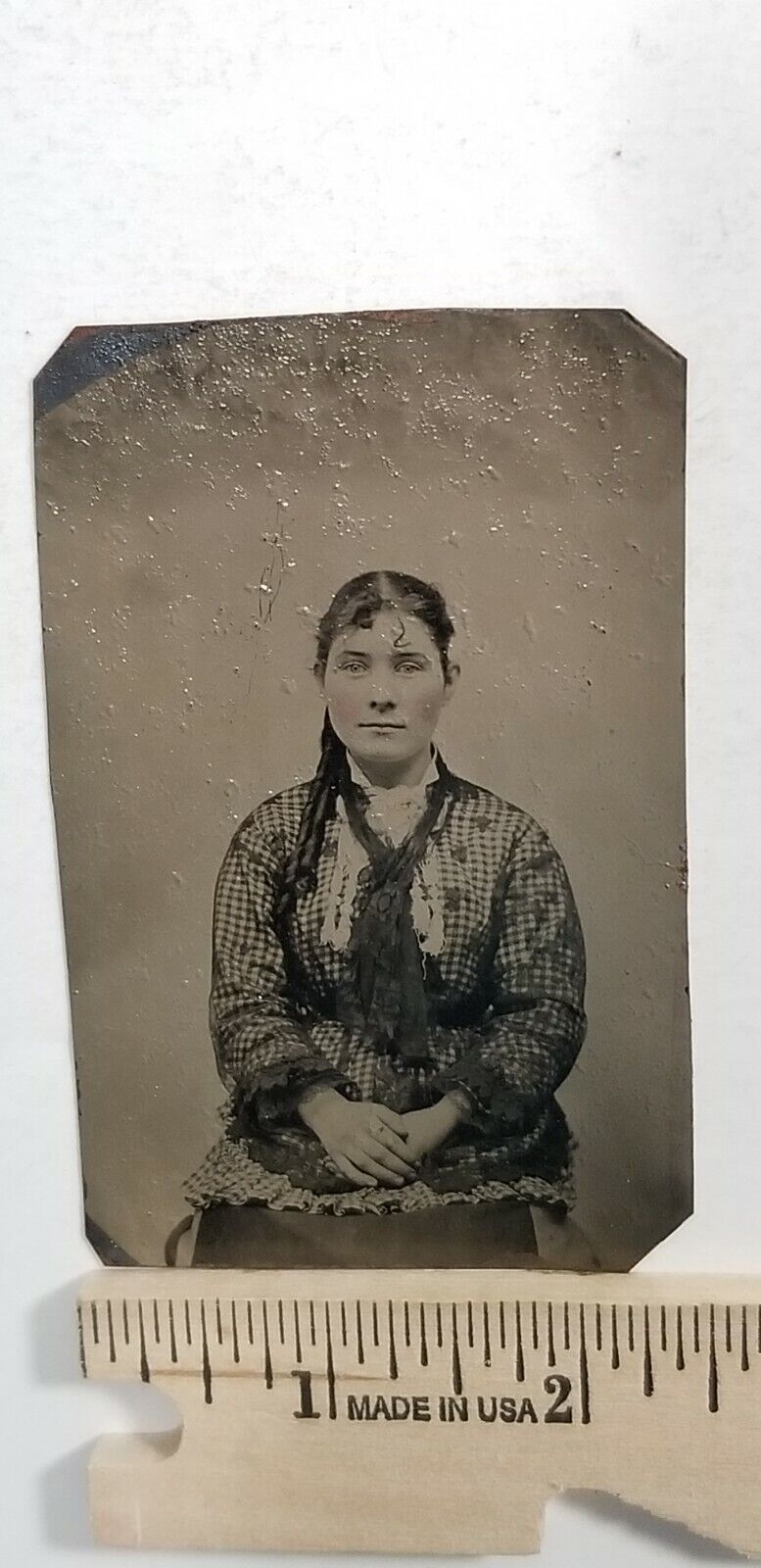Antique Tintype Photograph PRETTY WOMAN IN A GINGHAM DRESS Pink Cheeks E4