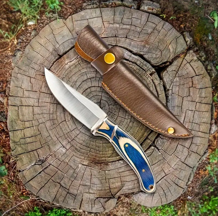 Handmade Stainless Steel Hunting Fixed Blade Knife Blue Wood Handle With Sheath