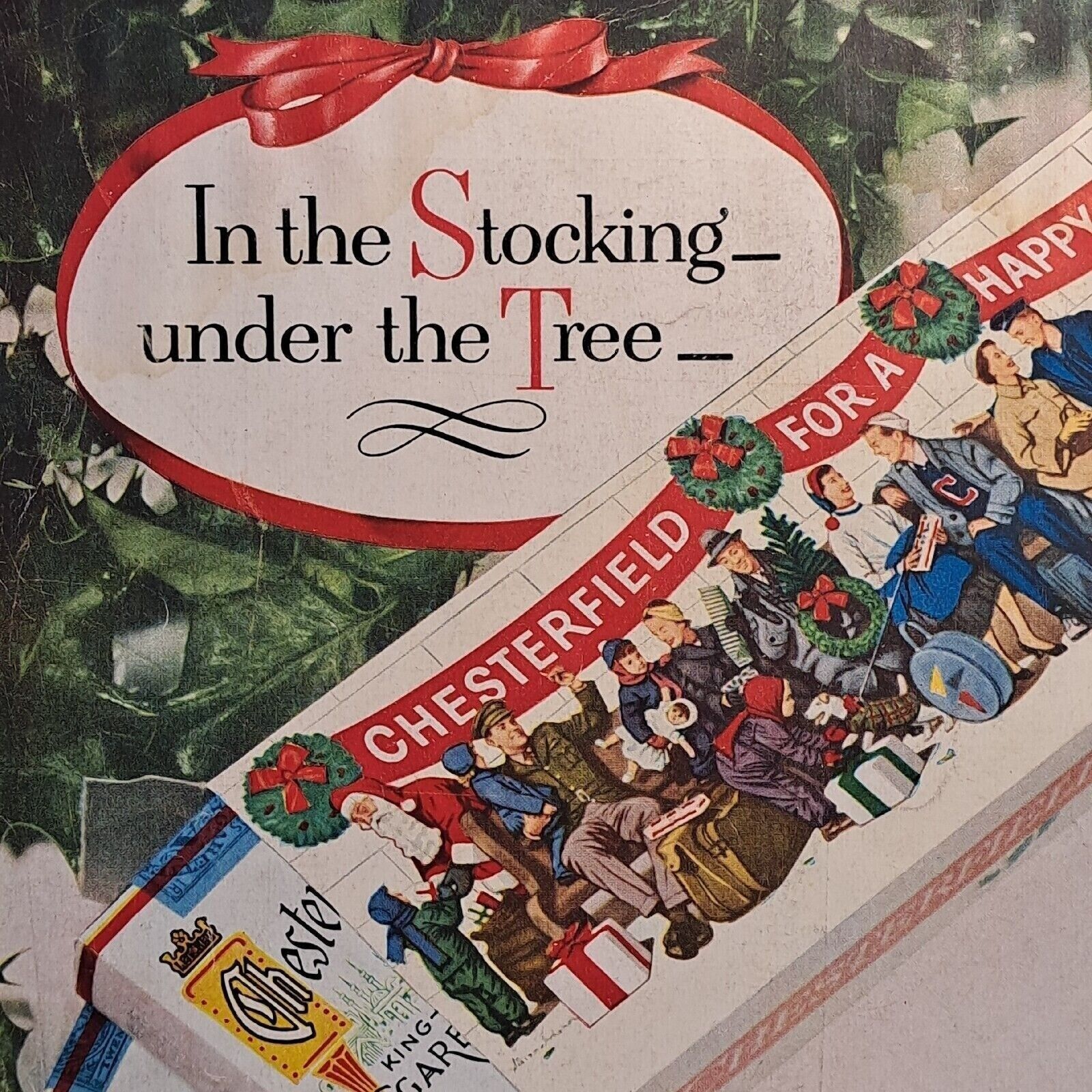1955 Print Ad CHESTERFIELD FOR A HAPPY HOLIDAY IN THE STOCKING UNDER THE TREE