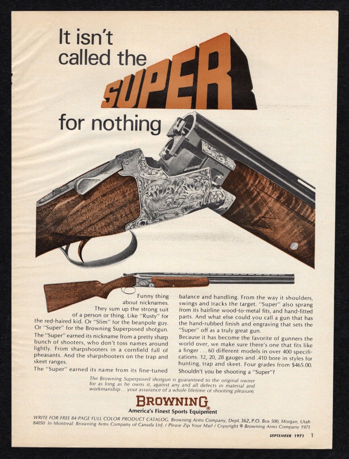 1971 Browning Superposed Shotgun Shoot Americas Finest Sports Equipment Print Ad