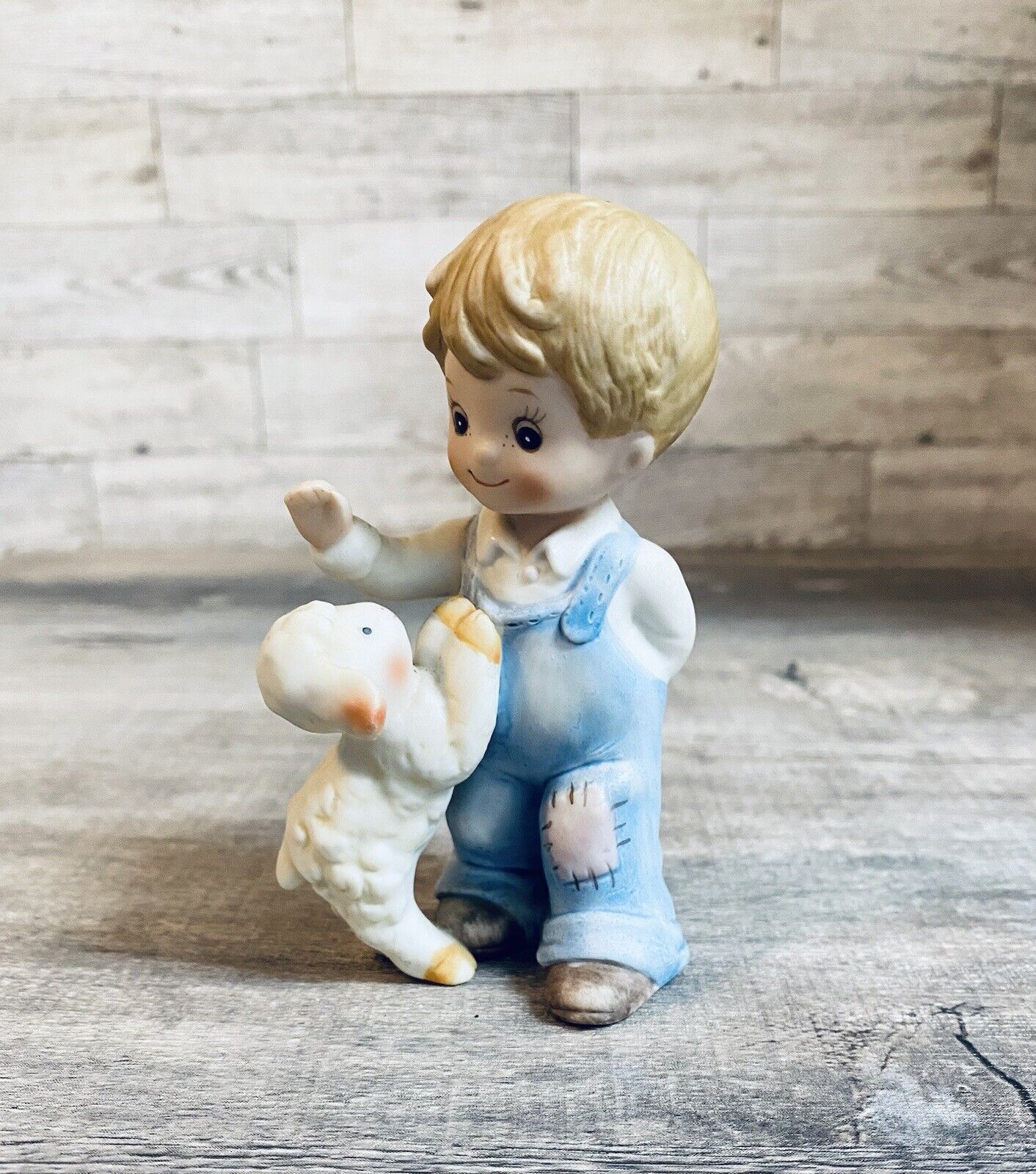 Vintage Homco Home Interior Porcelain  Farmer Country Boy With Baby Lamb Figure
