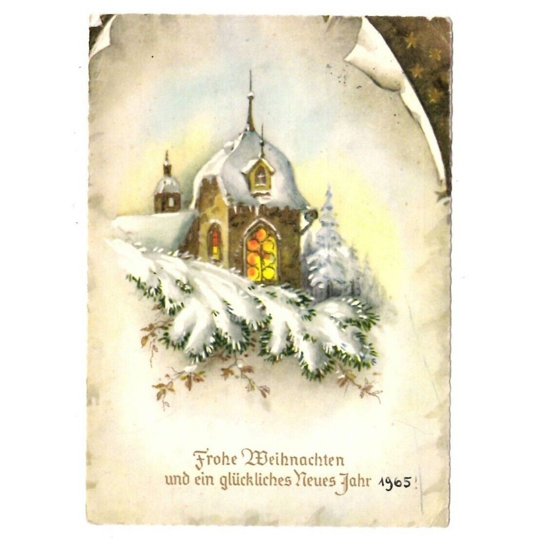 Postcard Frohe Weihnachten German Merry Christmas1964-1965 Gilt Pine Chapel