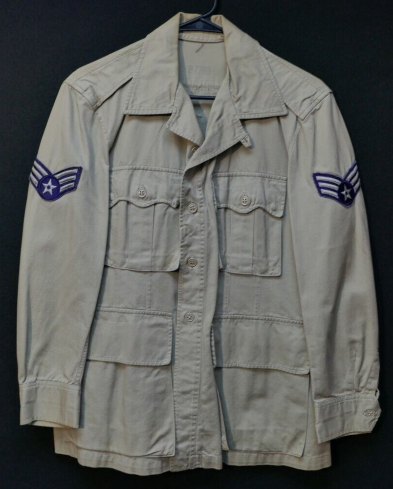 Cold War USAF Airman First Class Bush Jacket Mans Tan Cotton Tropical 38S Coat