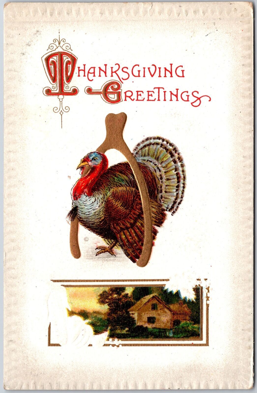 1910\'s Thanksgiving Greetings Turkey Landscape Home Posted Postcard