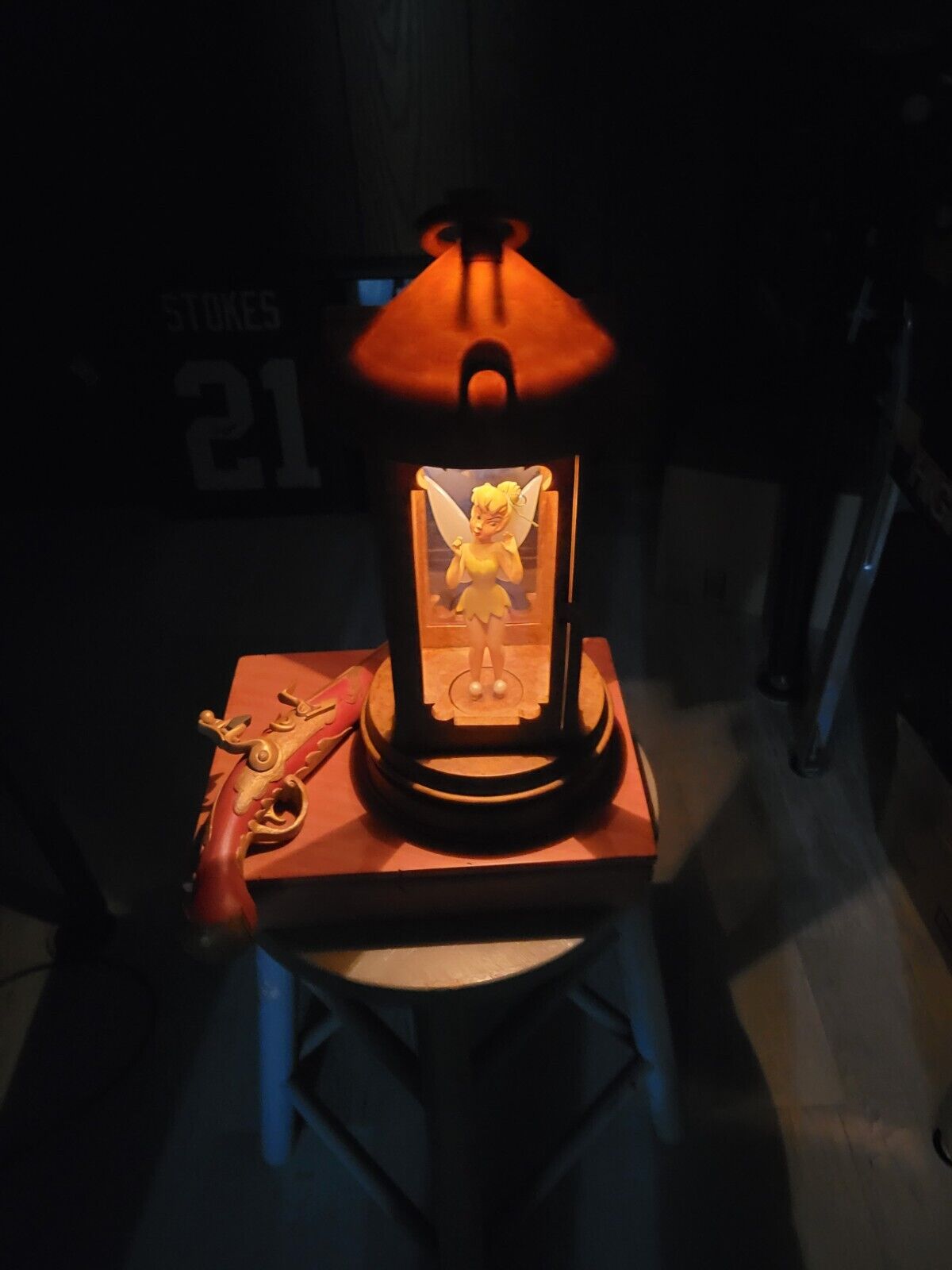 Disneyland Big Figurine Tinkerbell inside Hook's Lantern With Replica Gun Disney