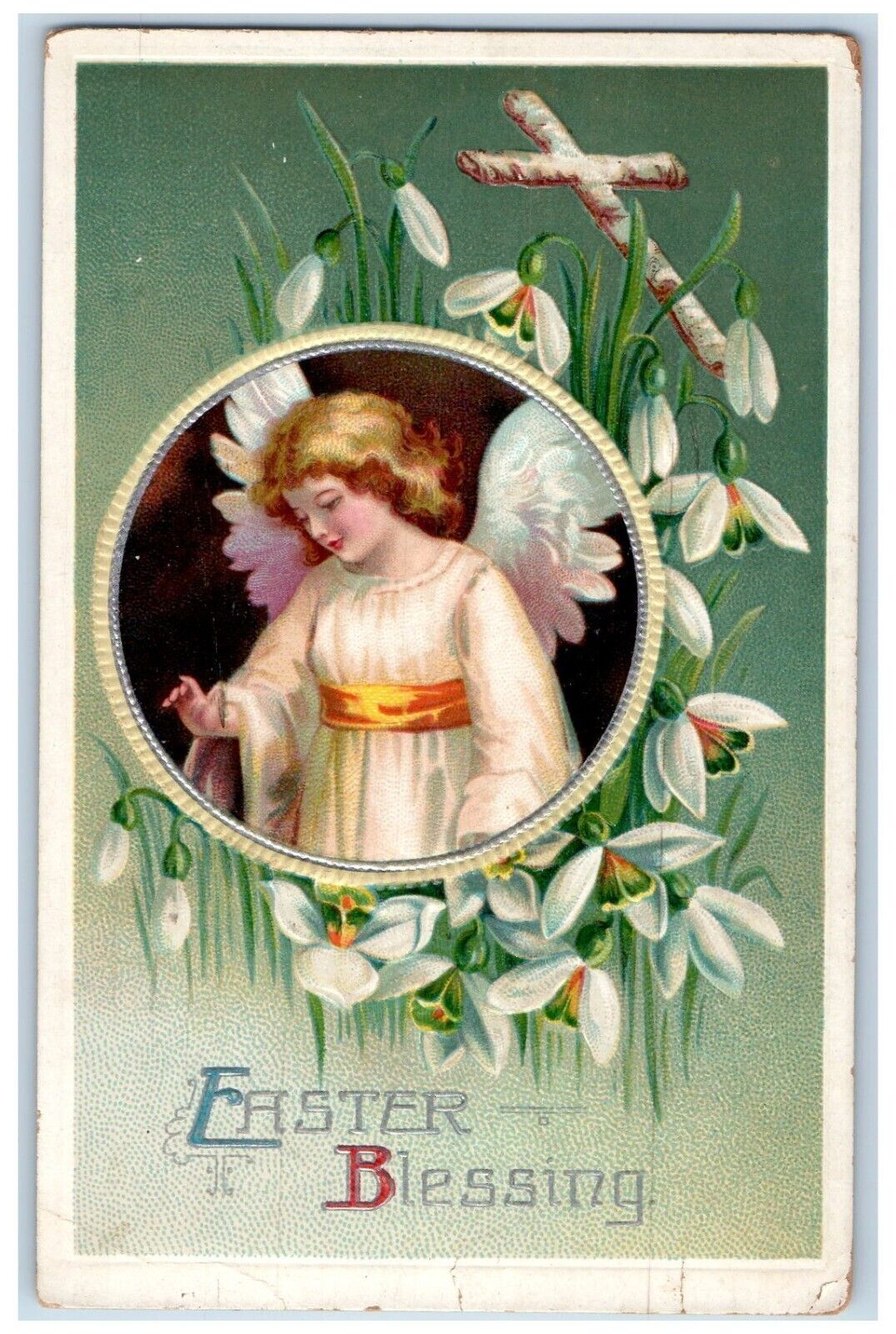 1910 Easter Blessing Angel Flowers Holy Cross Clapsaddle Embossed Postcard