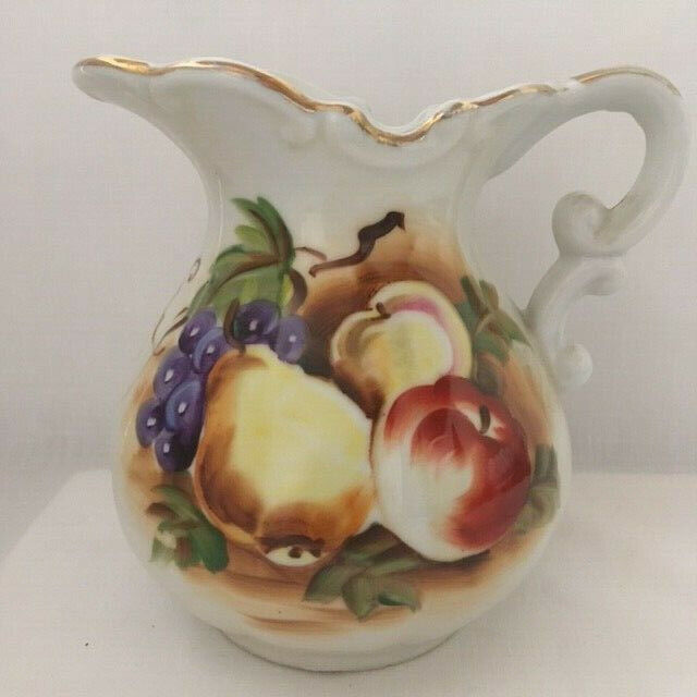 Vintage Pitcher Cream Porcelain Handpainted Fruit Gold Trim Marked L385 Japan