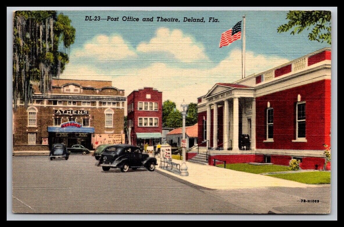 Post Card  Athens Theater & Post Office With Flag Deland, FL - Florida