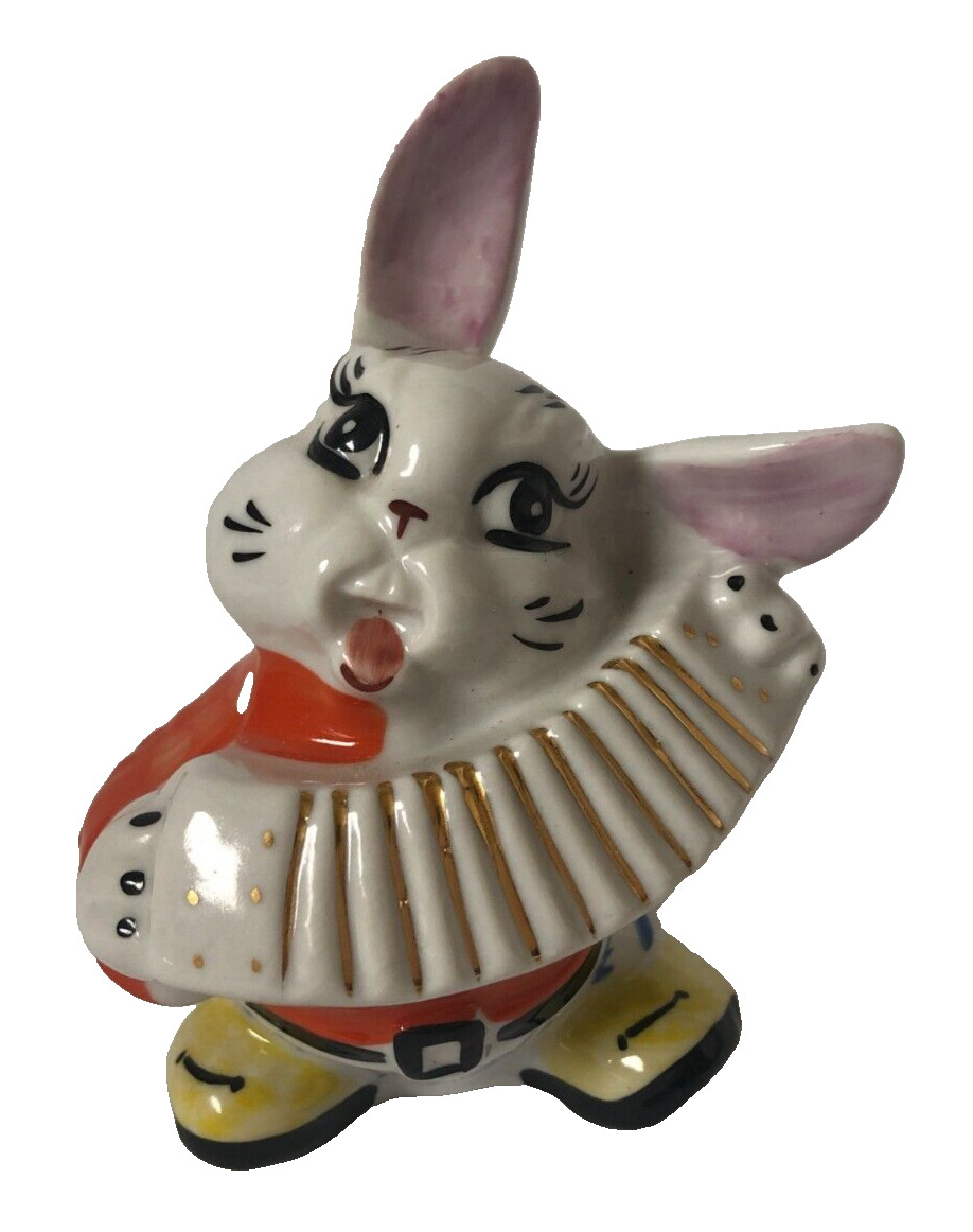 Vintage Russian USSR Bunny Rabbit Playing Accordion Porcelain Figurine
