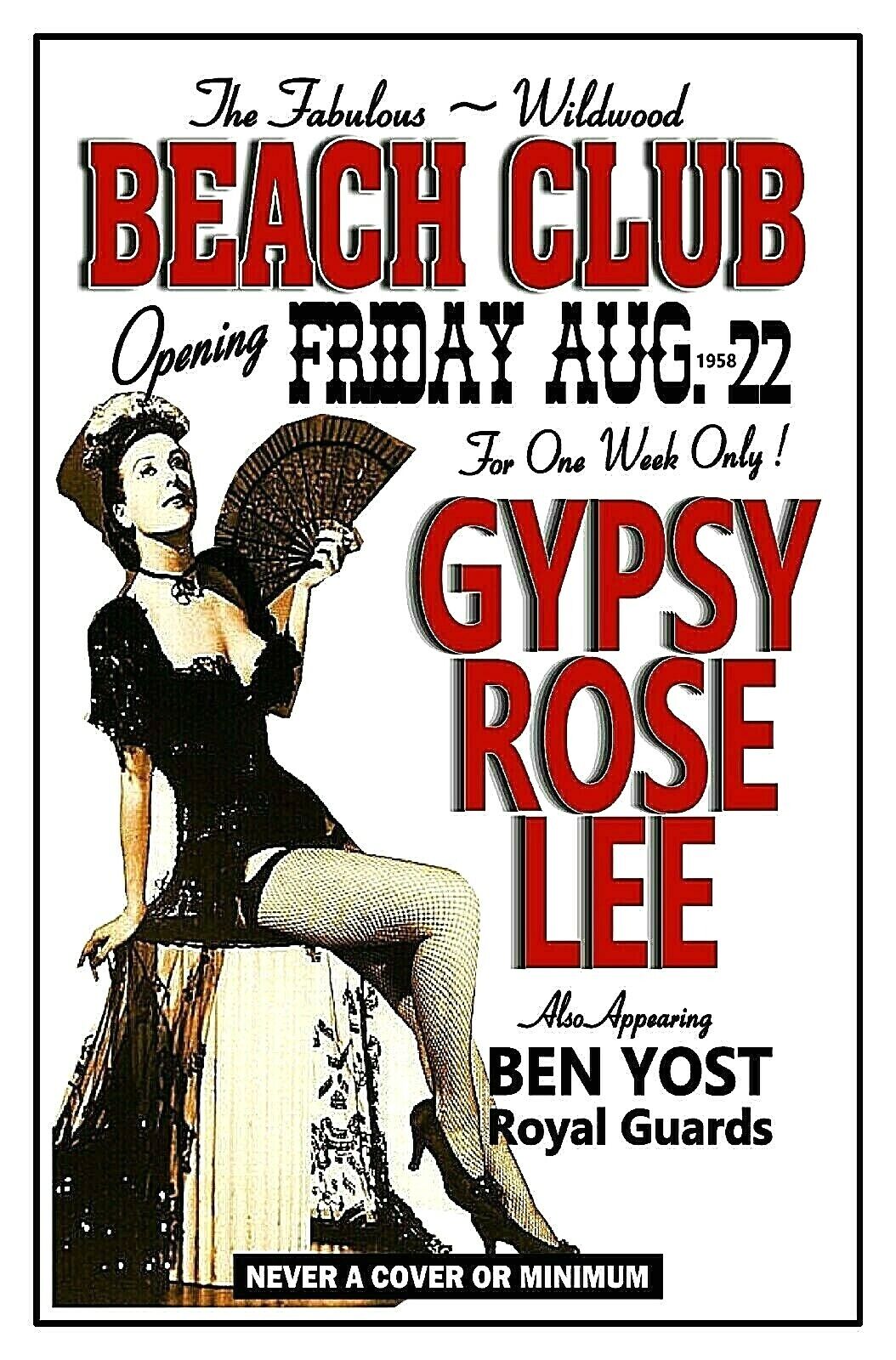 GYPSY ROSE LEE 1958 BEACH CLUB Wildwood NJ POSTER Pole Poster Gog Sign
