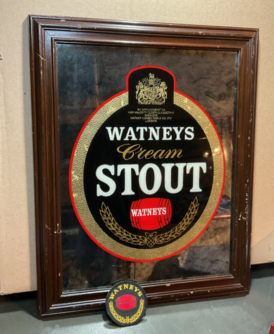 Vintage Watneys Cream Stout Beer Advertising Bar Mirror 19.75”x15.75” & 3” Patch