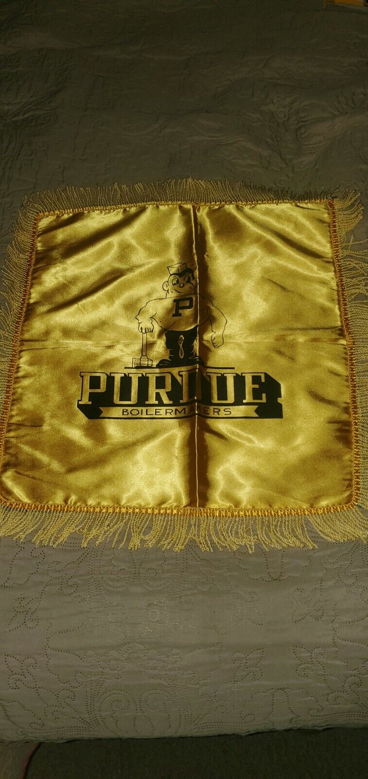 Rare Vintage Purdue Boilermakers Satin Sweetheart Throw Pillow Cover Fringe EUC
