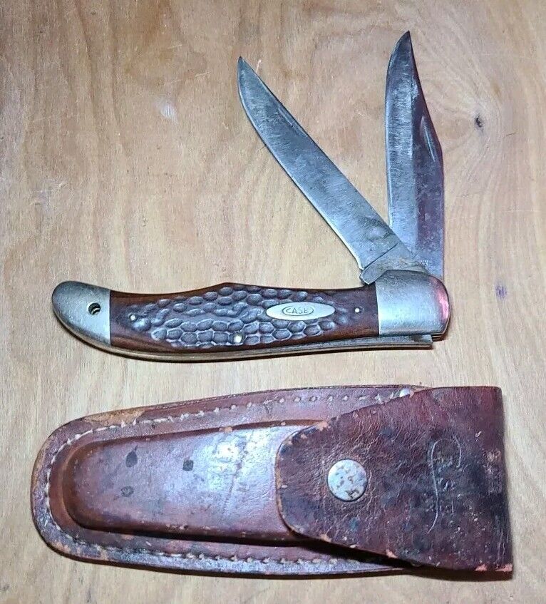 Vintage Case 6265 Folding Hunter Knife w/Jigged Wood Handles & Leather Sheath