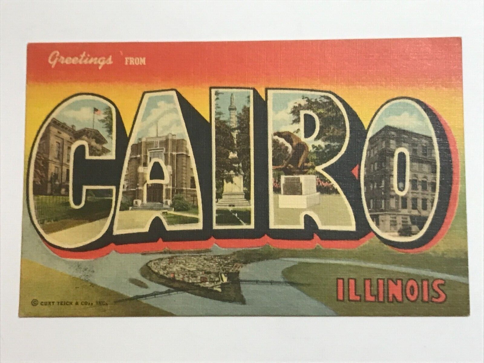 Postcard Large Letter Greetings IL Cairo Illinois Teich Court House Hotel Aerial
