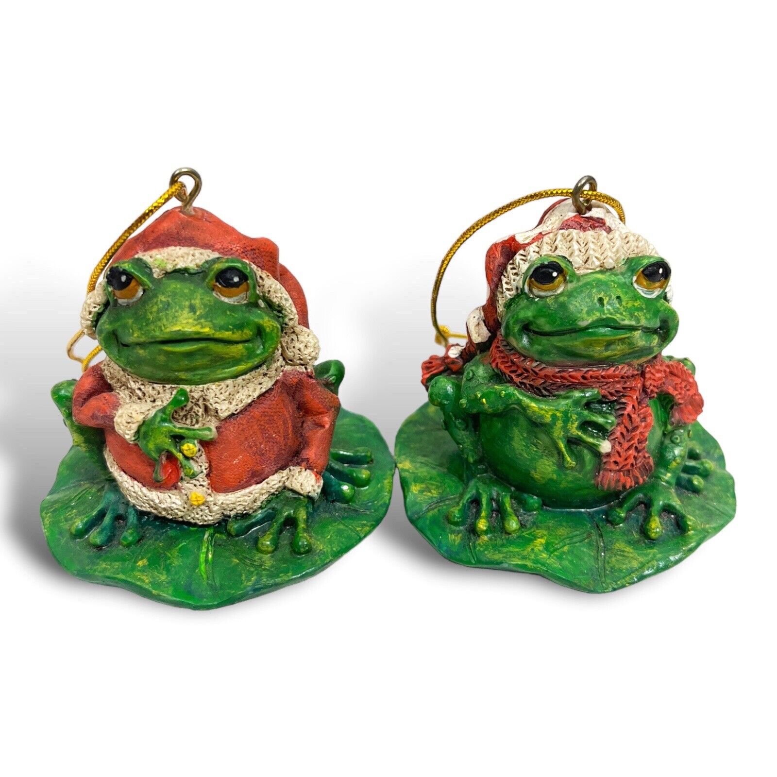Frog Ornaments Dress As Santa Claus Vintage Christmas Toad Resin On Lily Pad