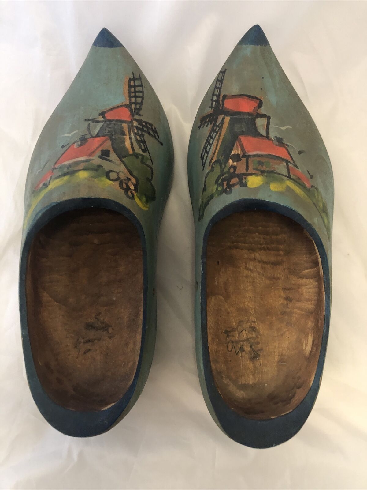 Vintage Dutch Wooden Large Shoes Clogs Holland Carved Hand Painted Windmill ~12”