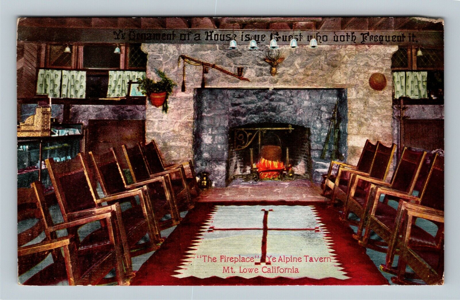 Mt. Lowe, Ye Alpine Tavern Fireplace, Interior View, California Vintage Postcard