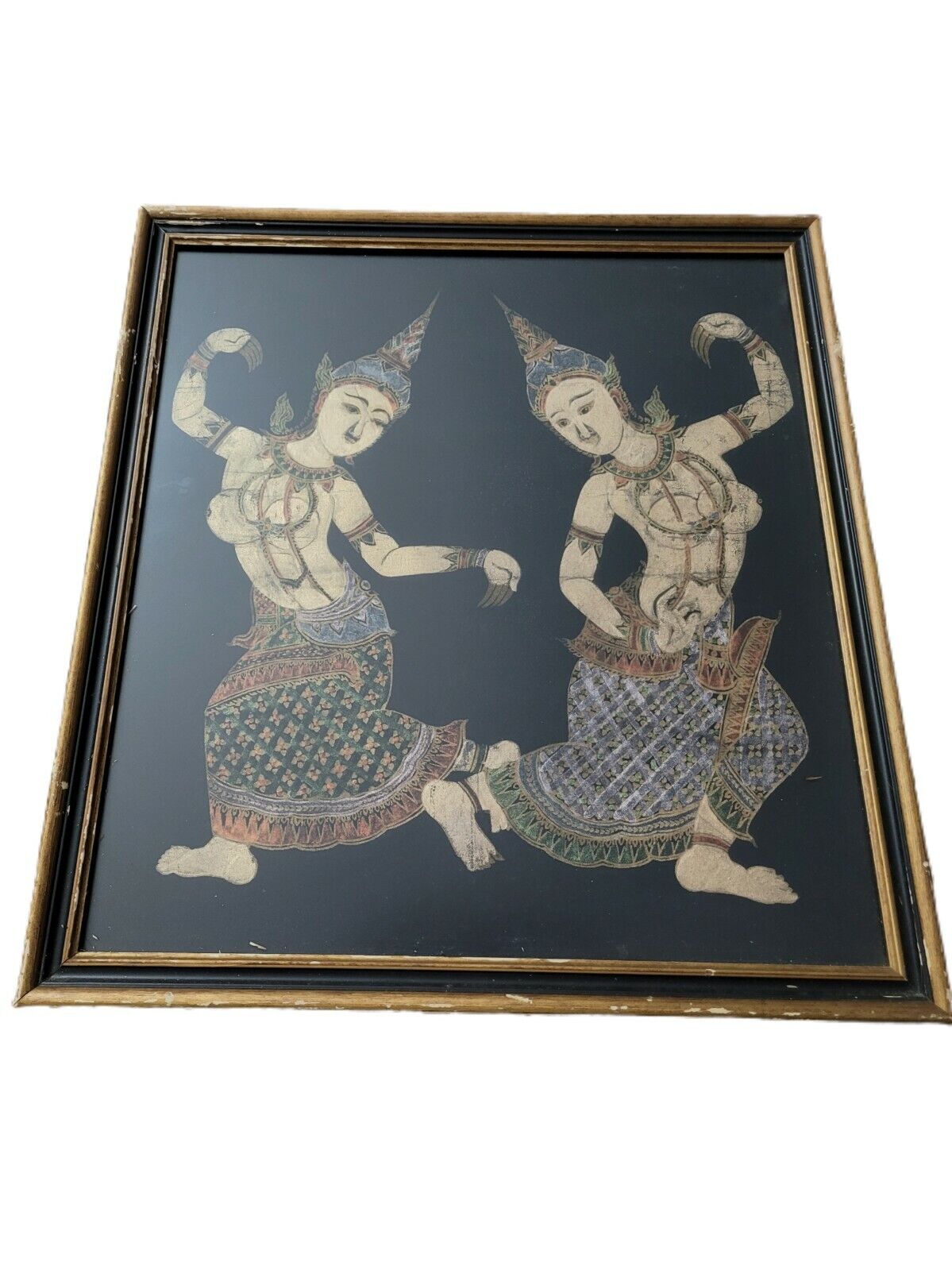 Vintage Framed Black Gold Hindu Asian Dancing goddess Artwork Print 20 x 19 in
