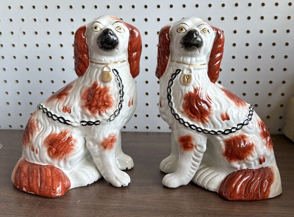 Pair Of Antique 9” tall Staffordshire Pottery Spaniel Dogs luster.