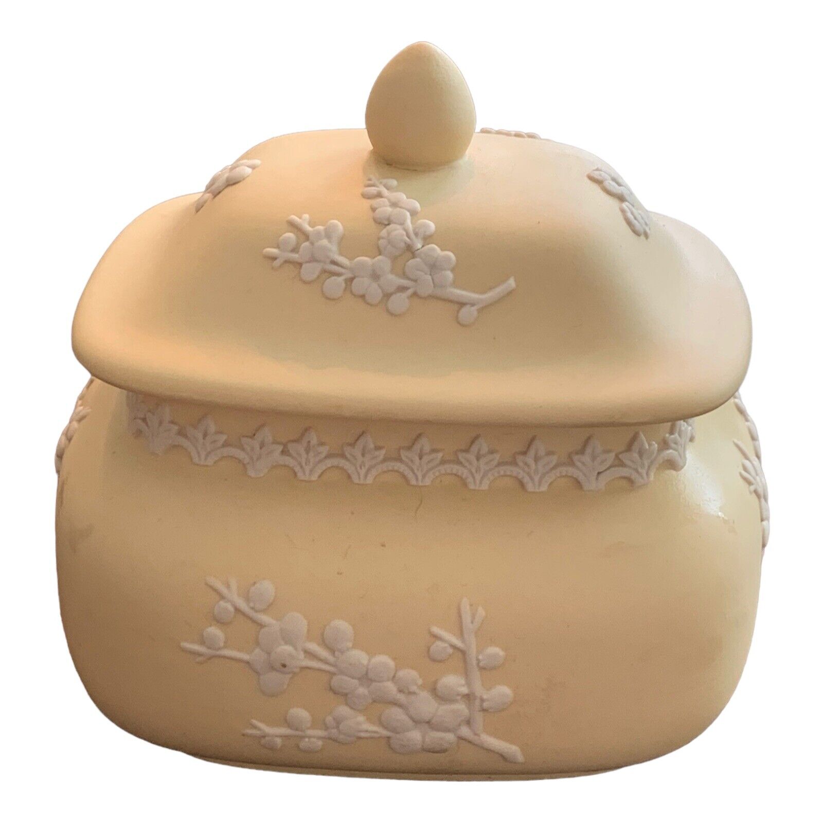 Rare Wedgwood Yellow Jasperware Primrose Pagoda box-Prunus Blossom Design