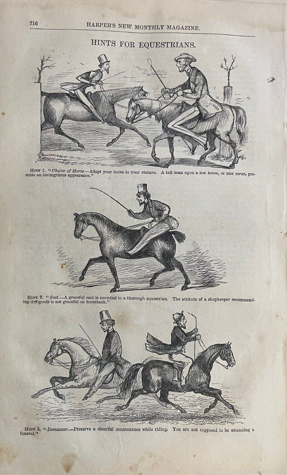 1861 Vintage Magazine Illustration Horses Hints For Equestrians