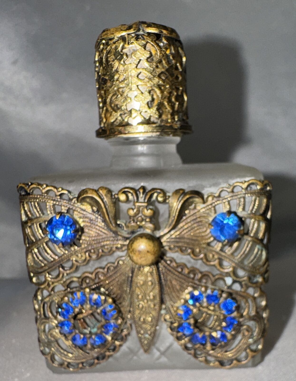 VTG Antique CZECH Perfume Bottle Brilliant Blue Butterfly Brass Frosted Glass