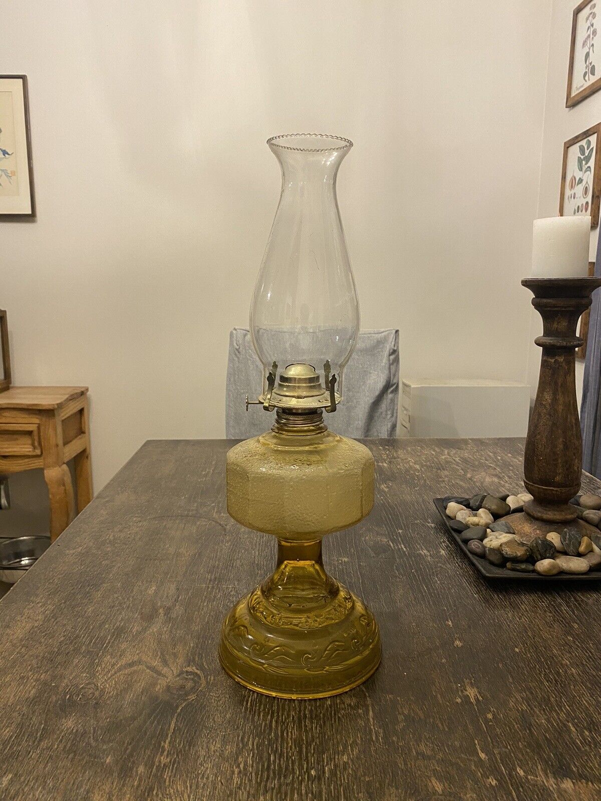 Vintage Amber Depression Glass Large Victorian Kerosene Oil Lamp Great Condition