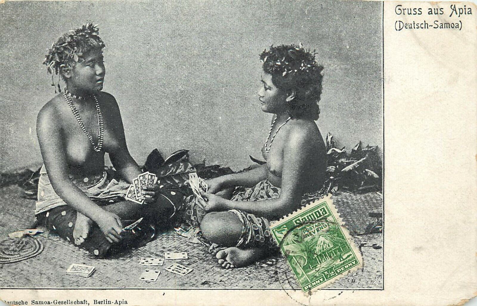 c1907 Postcard Gruss aus Apia Samoa, Topless Women Posted Apia German Colony