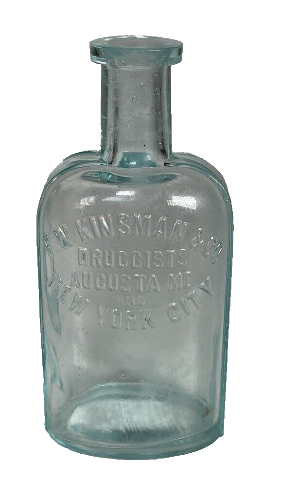 Antique F.W. Kinsman Druggist Aqua Glass Bottle Augusta Maine & New York City