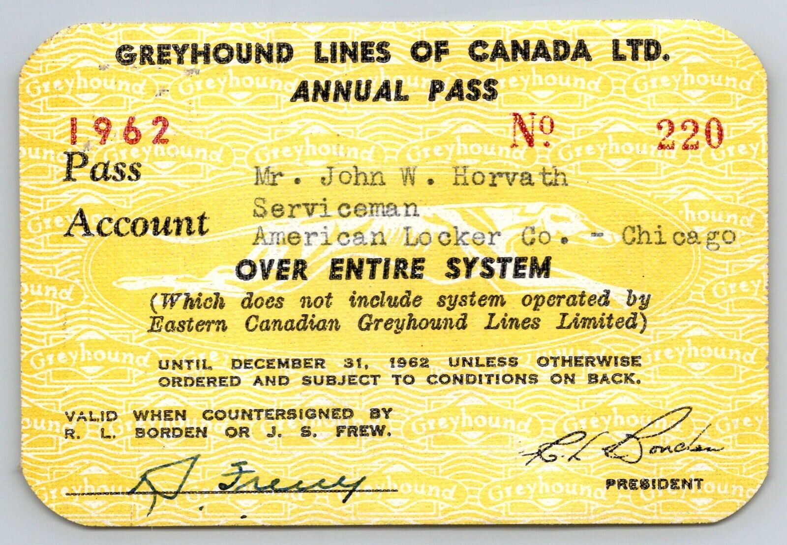 Greyhound Lines of Canada 1962 Annual / Yearly Bus Pass #220