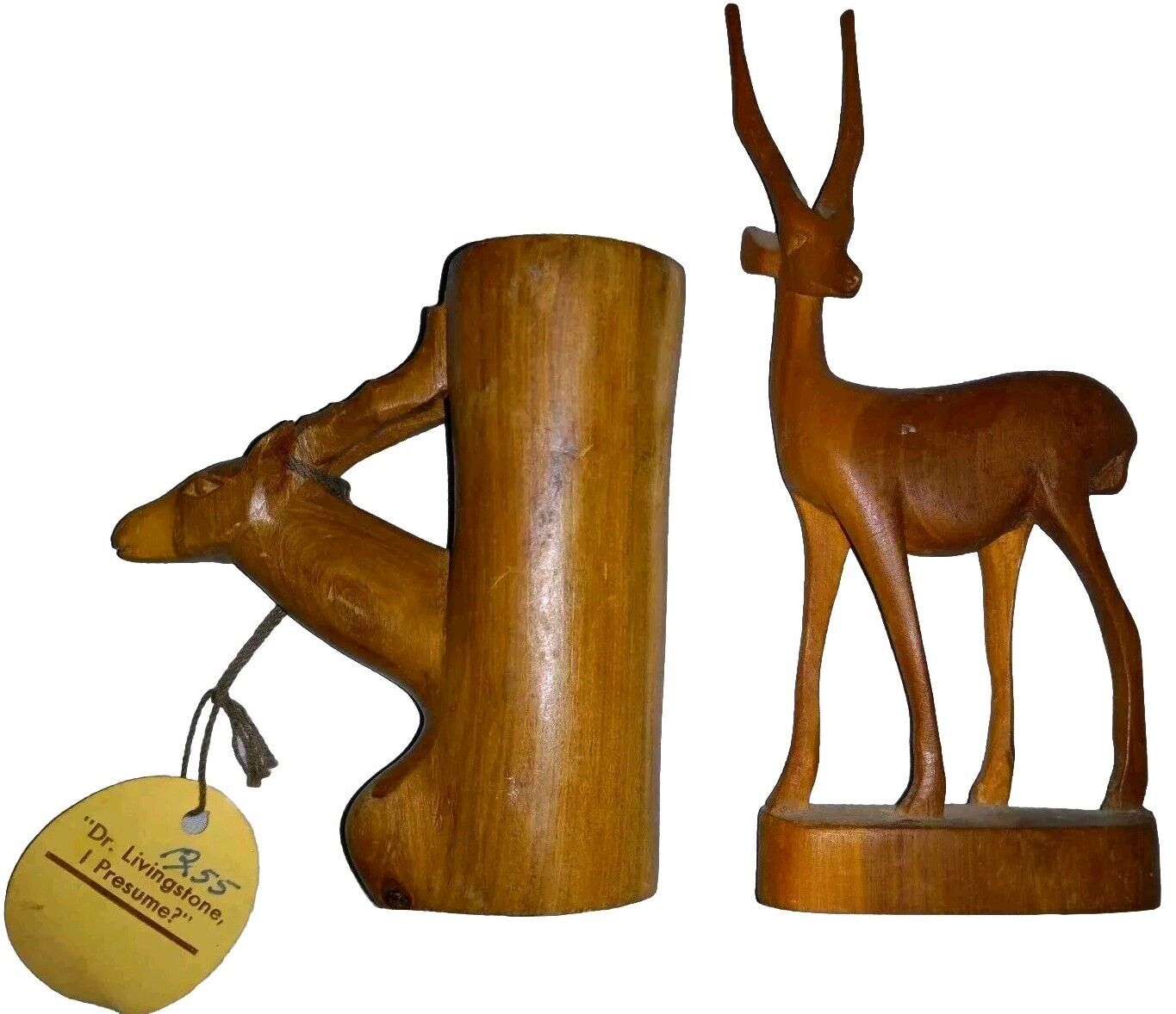 Vintage Hand Carved Gazelle Figurine and Candle Holder Acacia Wood MCM Lot Of 2