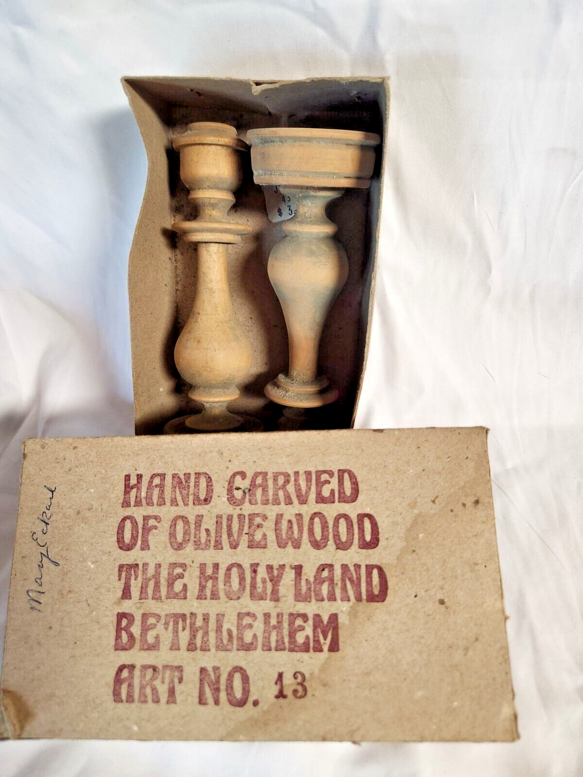 Vintage Olive Wood Hand Turned Candle Stick Holders 6 in - Decor - Altar w box