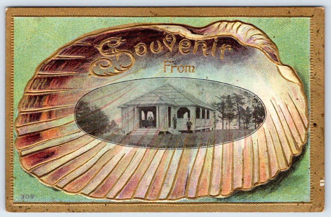 1910's SOUVENIR FROM LOVE POINT MD DANCING PAVILION EMBOSSED SEASHELL POSTCARD