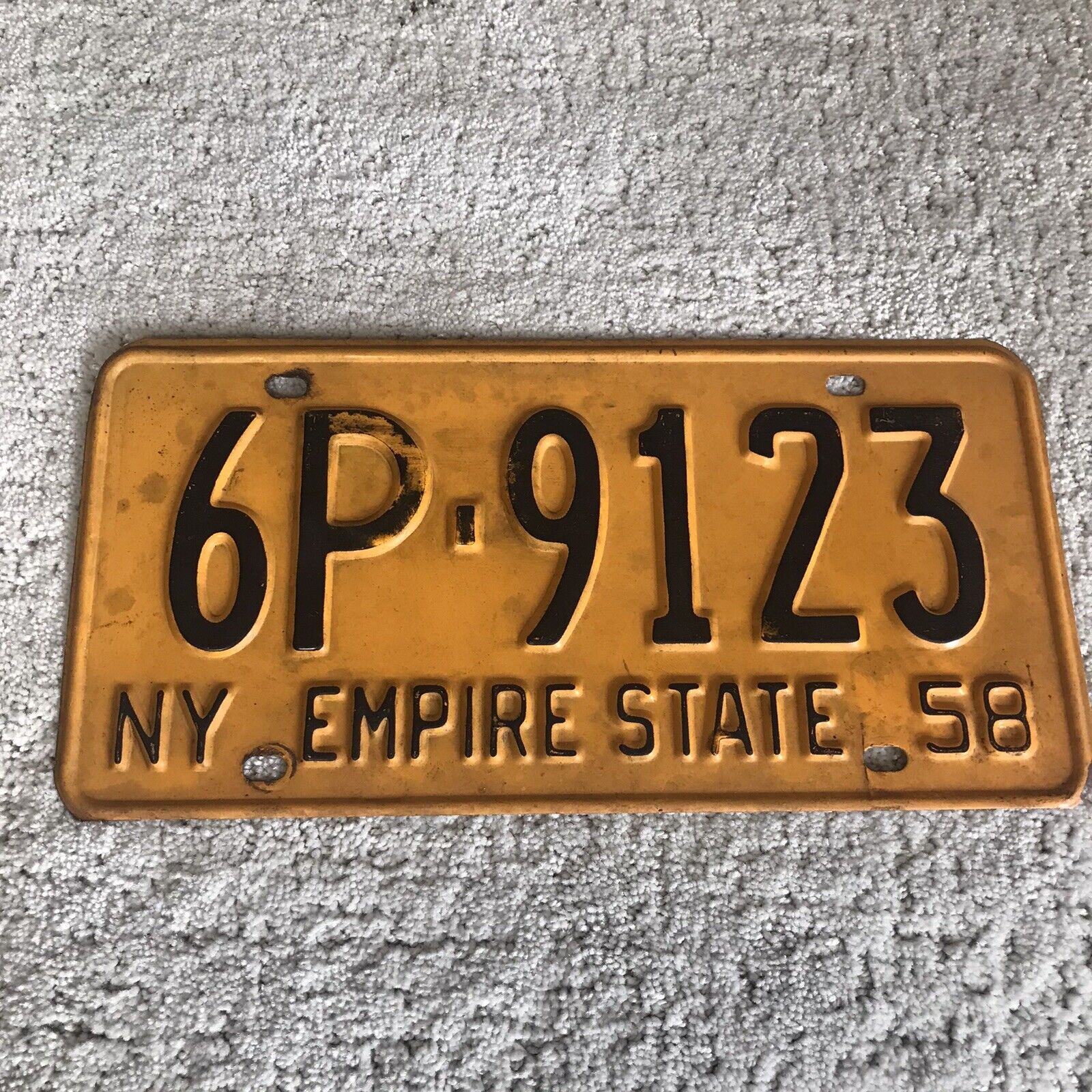 1958 New York State License Plate 6P-9123 Vintage Worn Obsolete Man Cave
