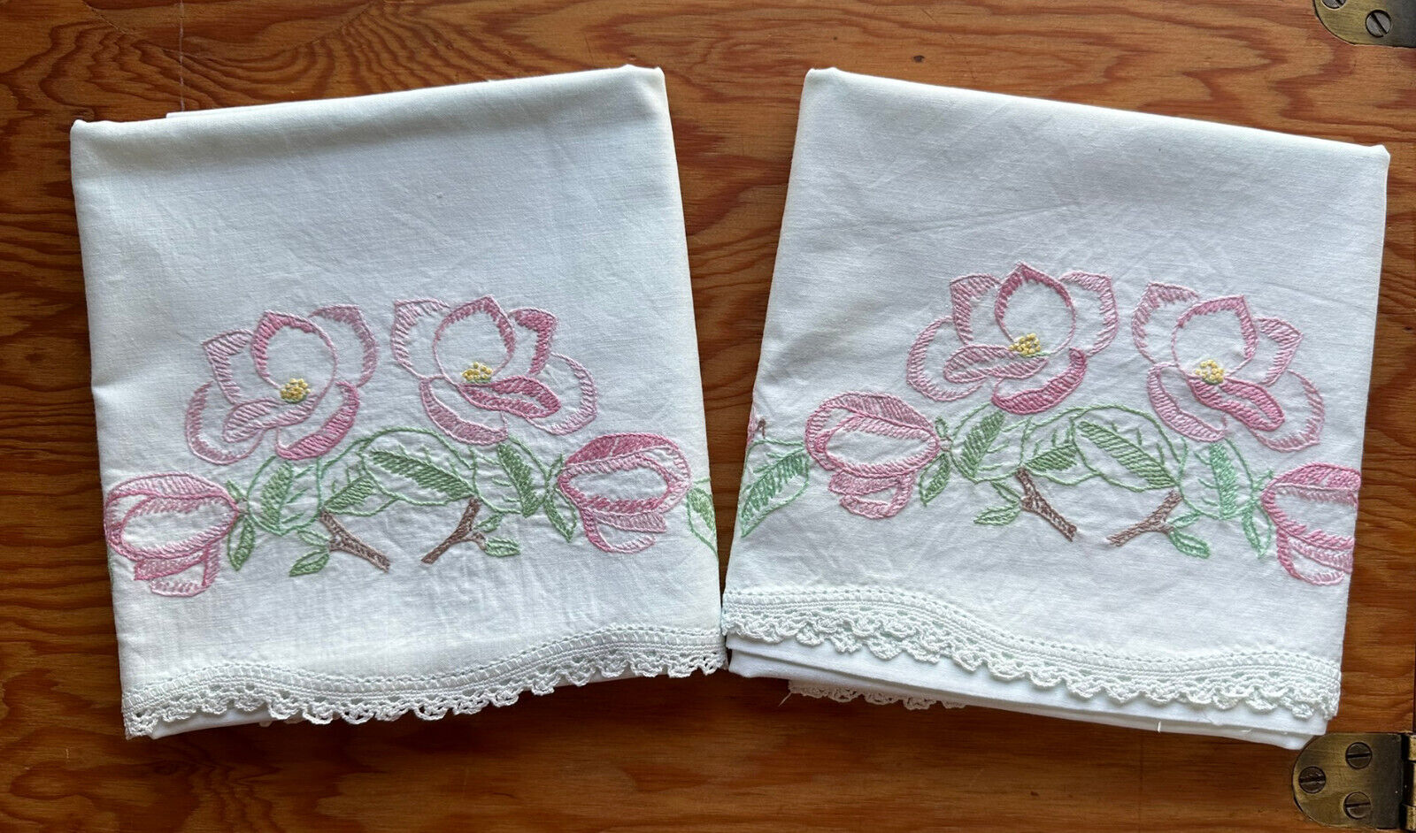 Pair Embroidered Pillowcases Pink Green Floral Cotton Crocheted Edge