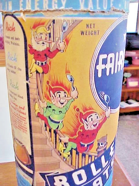 Vtg Colorful Fairway Foods Oats Cereal Container Dwarves Elves  Advertising