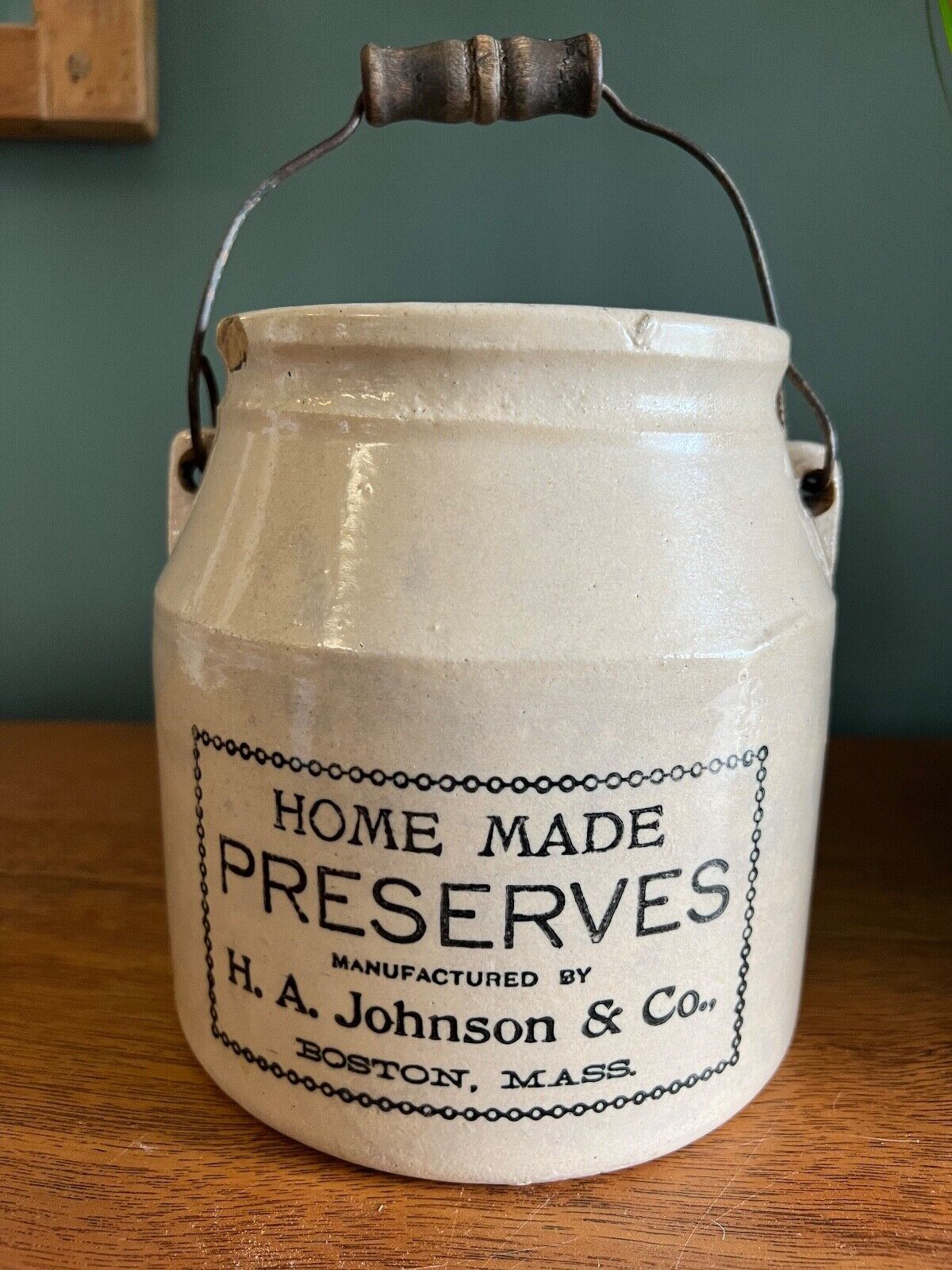 Vintage  Stoneware Crock Preserves H. A. Johnson & Co. Pat. 1896 mark