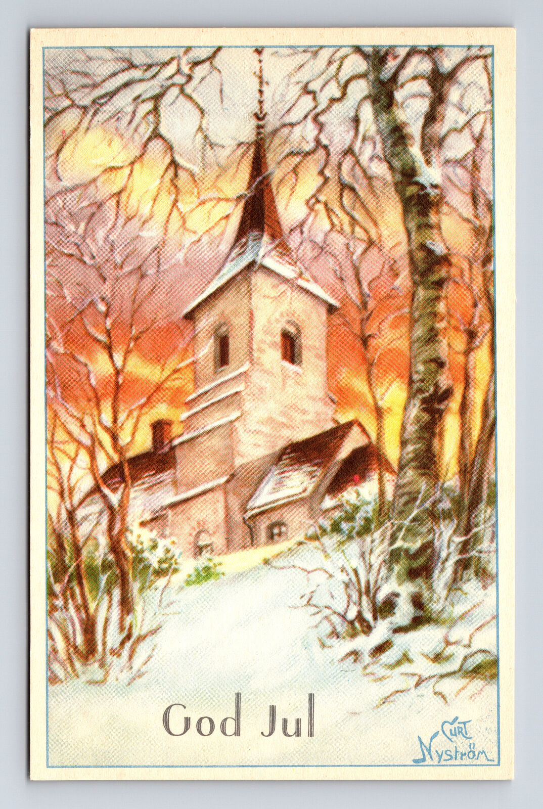 Artist Signed Curt Nystrom Church at Snowy Sunset God Jul Postcard