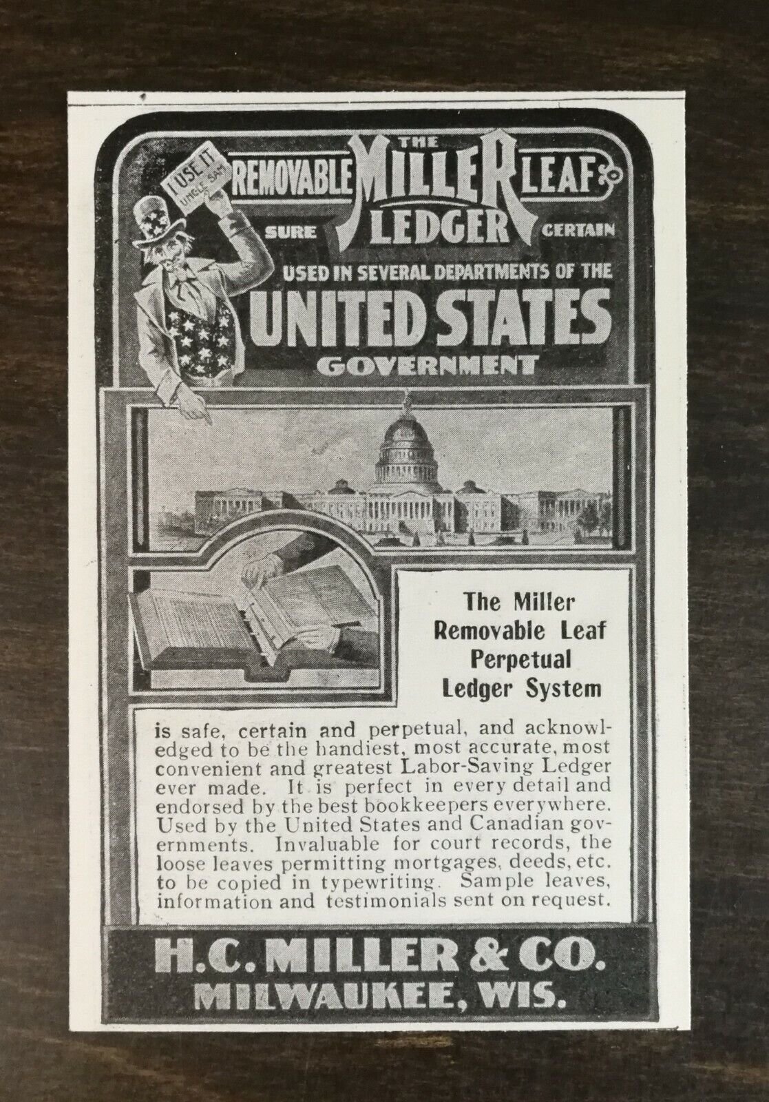 Vintage 1901 The H.C. Miller Removable Leaf Ledger Goverment Original Ad  721