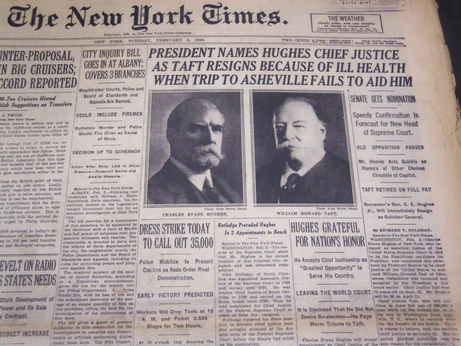 1930 FEB 4 NEW YORK TIMES - PRESIDENT NAMES HUGHES CHIEF JUSTICE - NT 4947