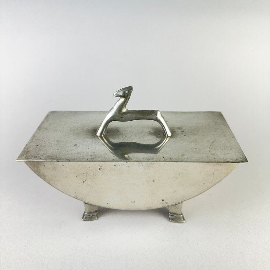 Antique Art Deco Pewter by Rice Deer or Gazelle Box - Footed - 588 - 1920-30