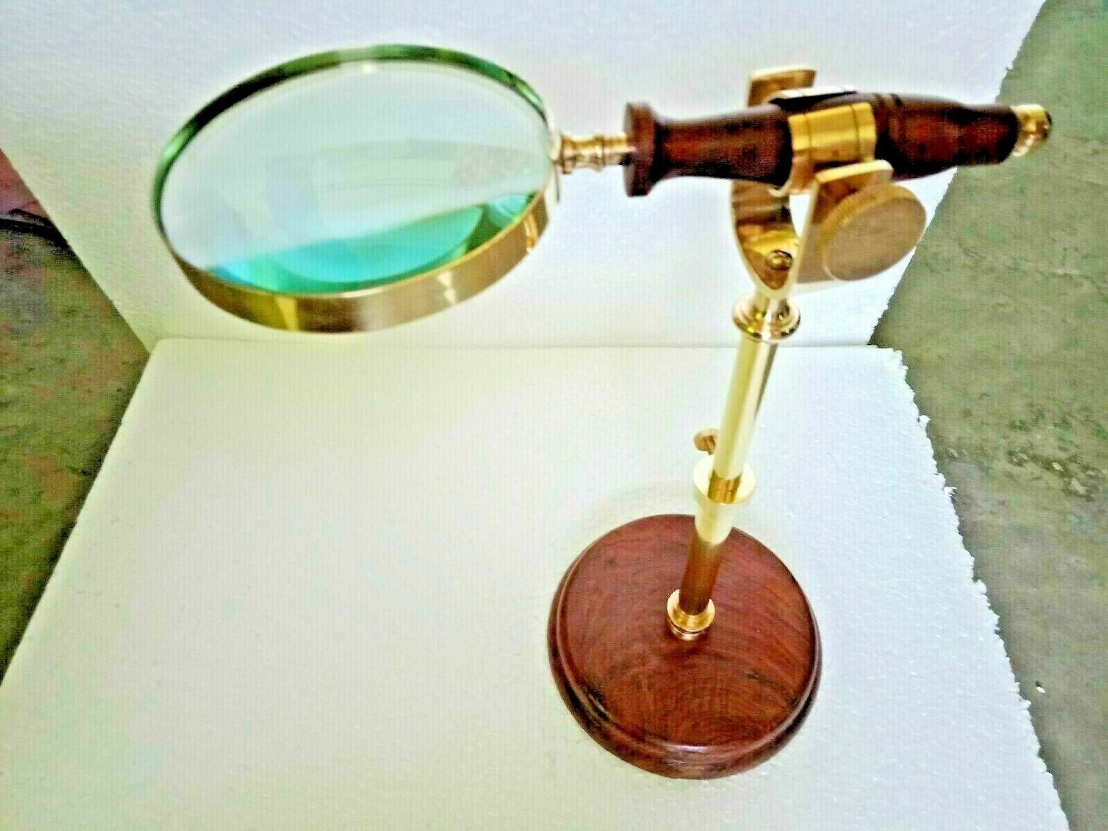 Brass Handheld Magnifying Glass With Wood Stand Decor Reading Magnifier Lens