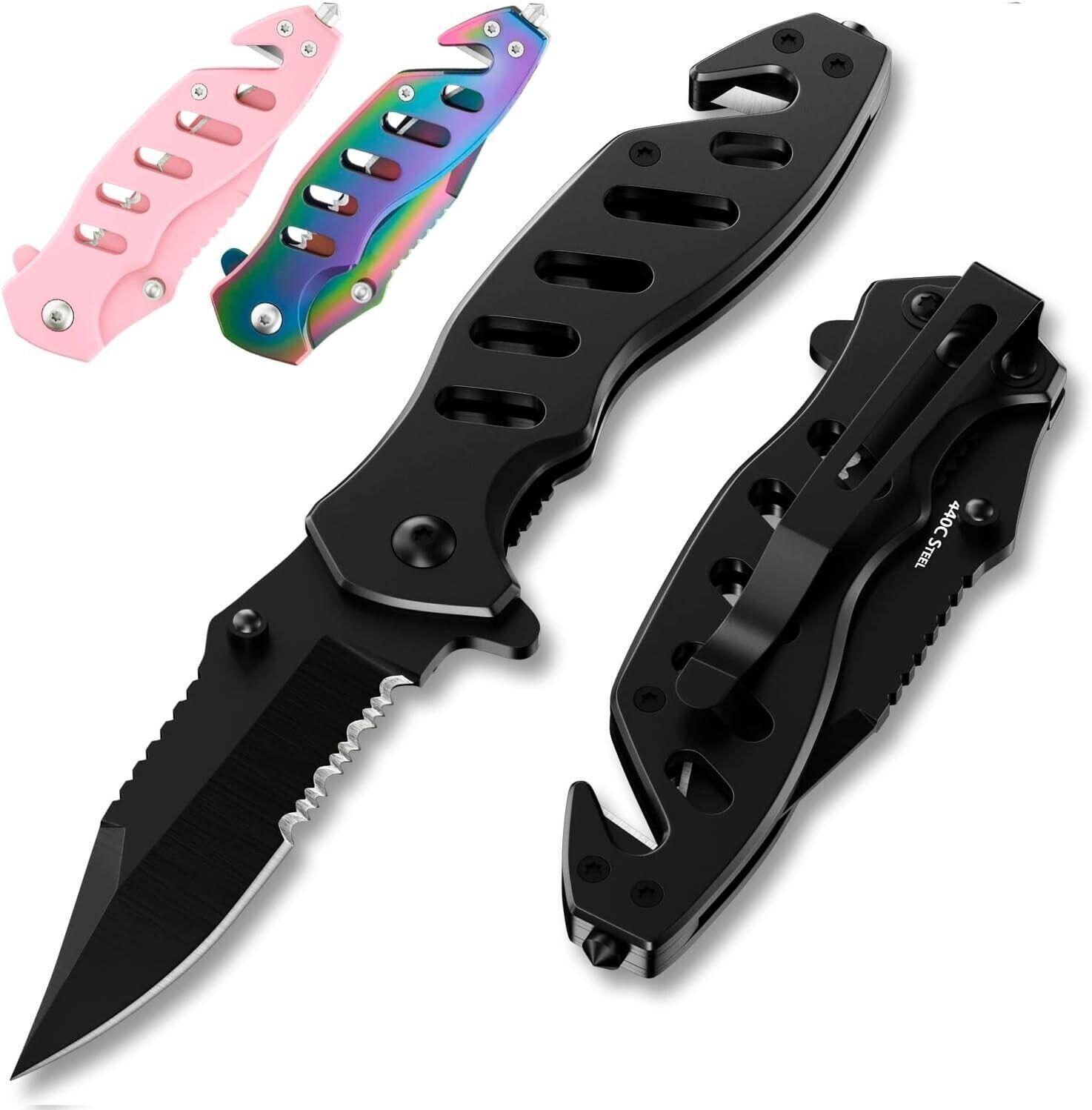 Tactical Legal Knife for Men Women - 2.68 Inch Serrated Blade - Small Black Pock