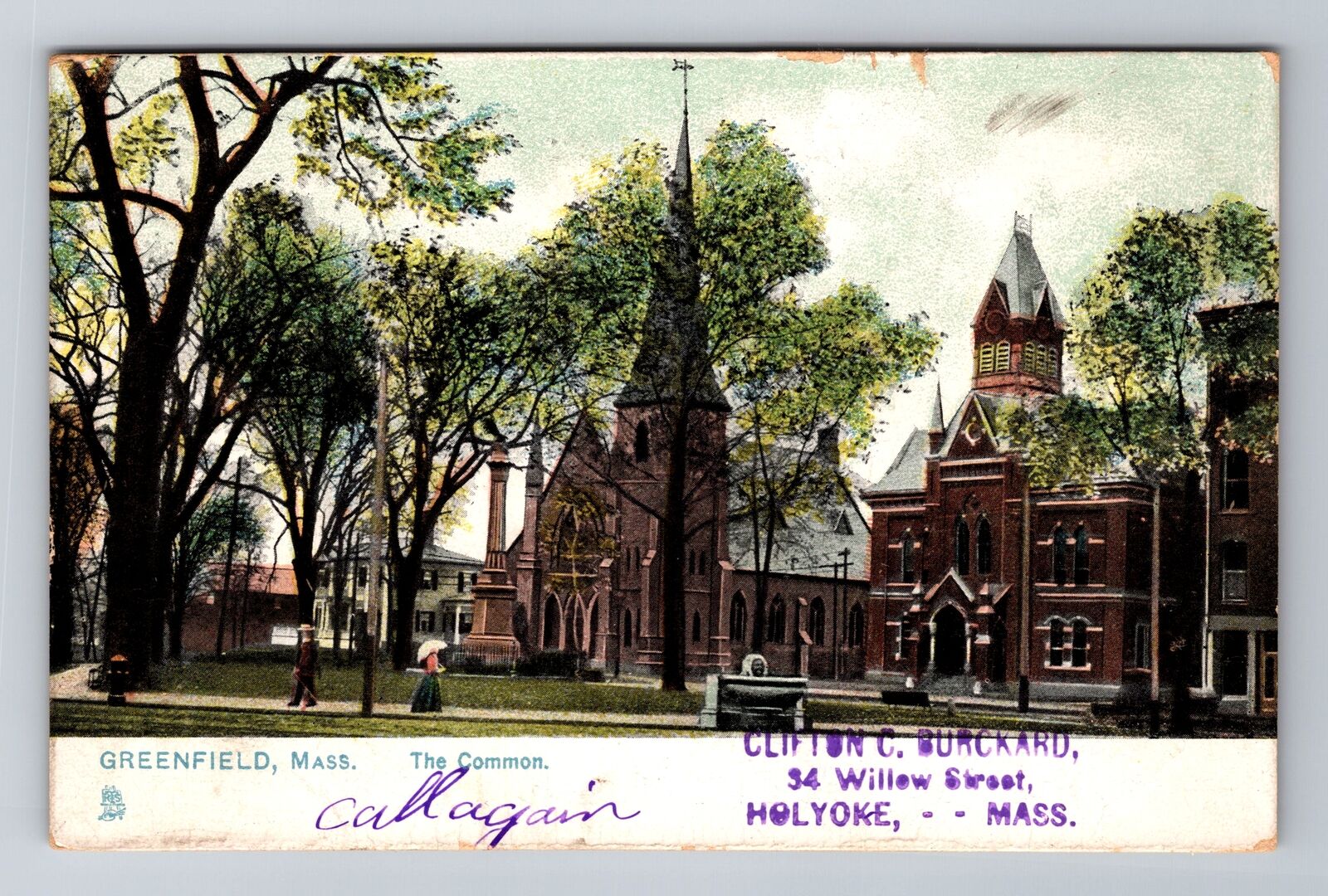 Greenfield MA-Massachusetts, The Common, Church, Vintage c1908 Souvenir Postcard