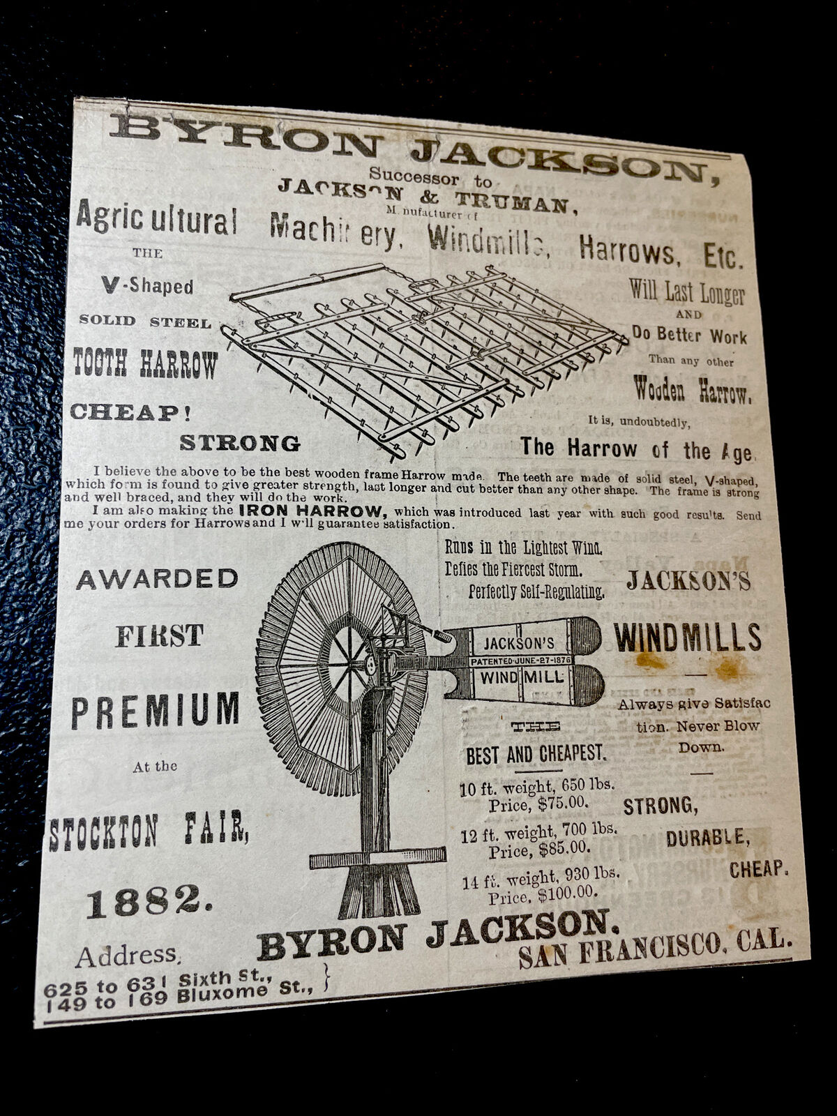 ORIGINAL 1882 Byron Jackson Windmill Farm Advertising - San Francisco