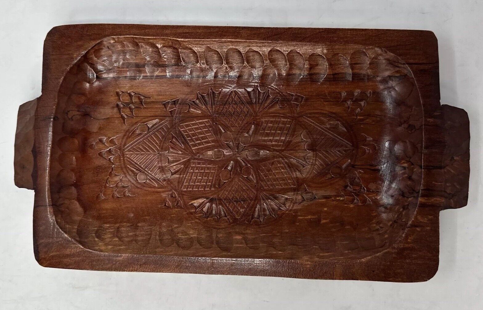 Hand Carved Wood Trinket Jewelery Nut Tray 13”X 7” X 1-1/4”With Handles