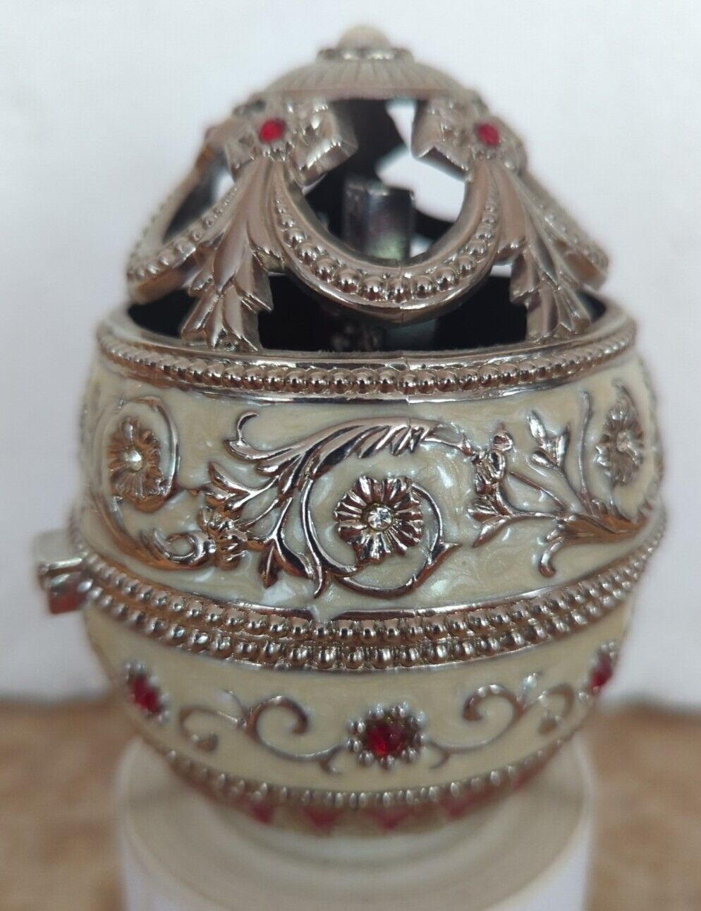 Vintage Sankyo Jeweled Egg Shaped Music Box w/ Celtic Cross