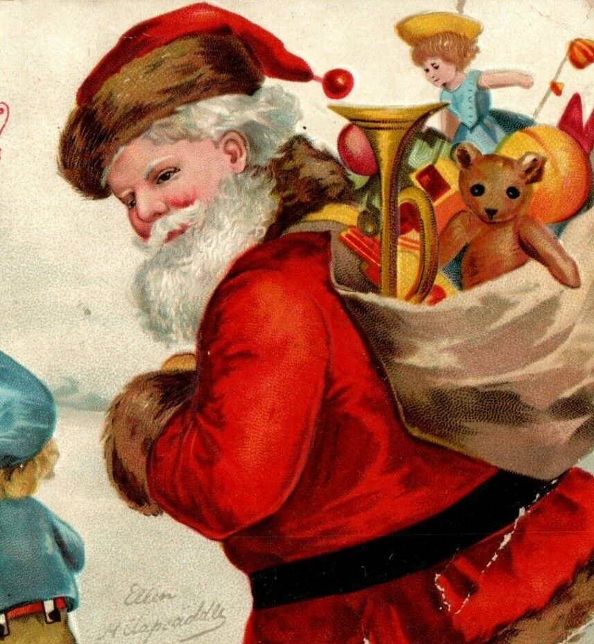 1907 Copyright Embossed Christmas Postcard Old Santa With Child And Toys